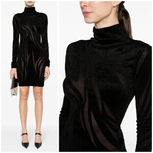 NWT Mugler Sheer Chenille Mini Dress Black Long Sleeve Mock Neck Sz S